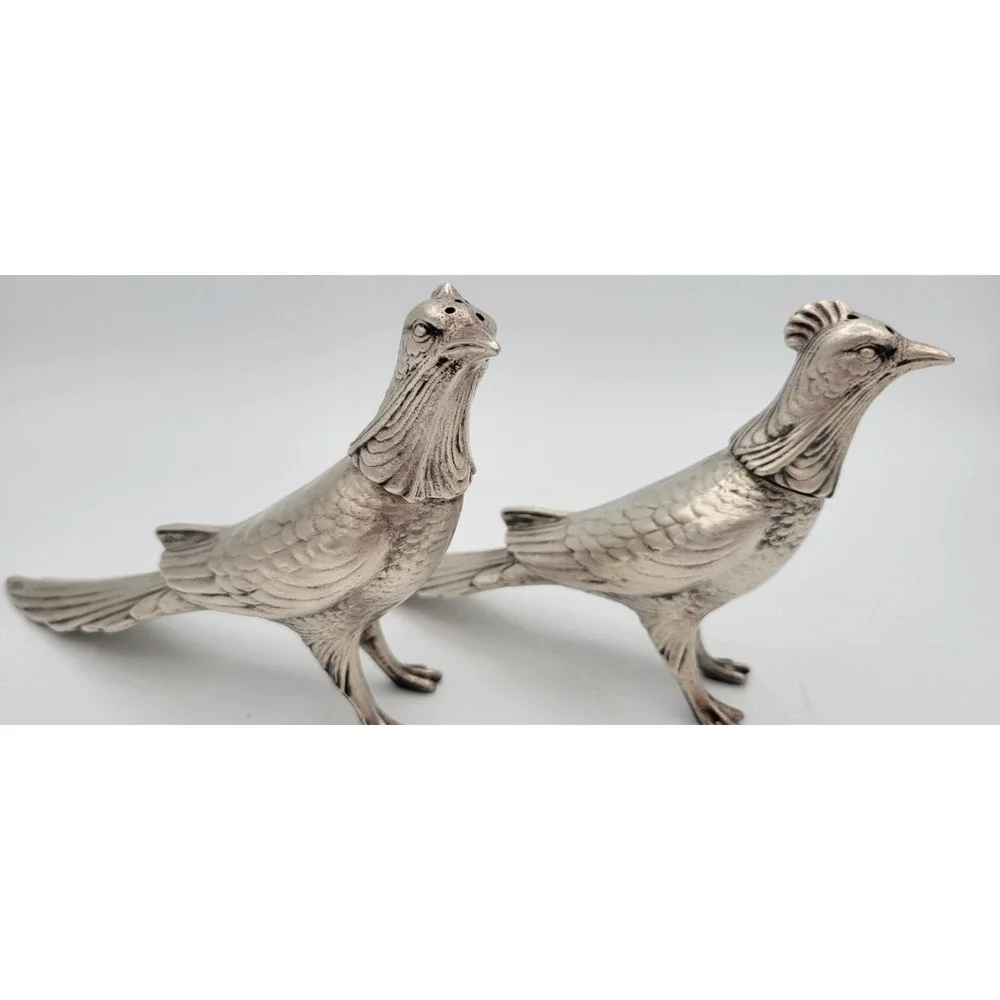 WB Mfg Co Pheasant Salt & Pepper Shaker Set Vtg MCM Bird Metal Silver 7.5in